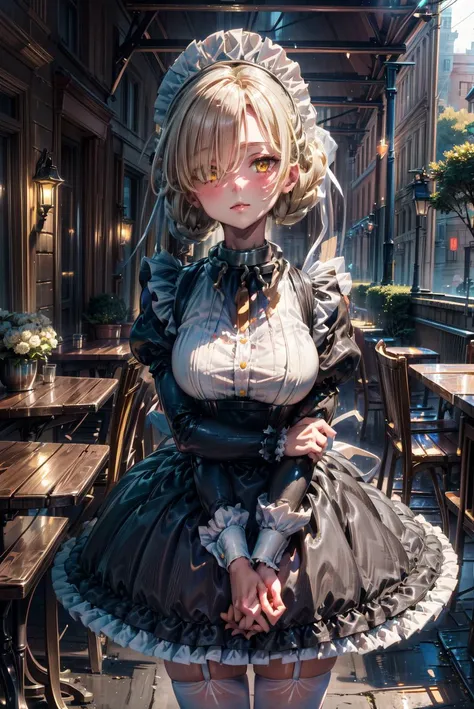 detailed illustration, close up, of a mature woman, pretty face, plump lips, sheffield, yellow eyes, short hair, blonde hair, bangs, hair over one eye, braid, ribbon, metal collar, cross,short  black dress, puffy sleeves, juliet sleeves, frilled dress, frills, maid headdress, short maid apron, frilled apron, white thighhighs, garter belt, huge breasts, thick thighs, arms between legs, standing, outside, cafe, tables, cinematic lighting, hires, volumetric lighting, highly detailed background, lights and shadows, backlit, masterpiece, <lora:add_detail:0.5> <lora:hairdetailer:0.5>  <lora:sheffield_scarxzys:1>