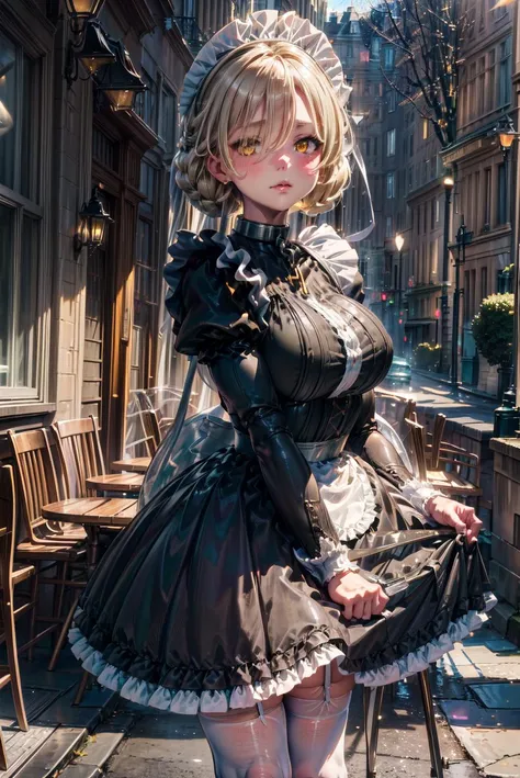 detailed illustration, close up, of a mature woman, pretty face, plump lips, sheffield, yellow eyes, short hair, blonde hair, bangs, hair over one eye, braid, ribbon, metal collar, cross,short black dress, puffy sleeves, juliet sleeves, frilled dress, frills, maid headdress, short maid apron, frilled apron, white thighhighs, garter belt, huge breasts, thick thighs, arms between legs, standing, outside, cafe, tables, cinematic lighting, hires, volumetric lighting, highly detailed background, lights and shadows, backlit, masterpiece, <lora:add_detail:0.5> <lora:hairdetailer:0.5> <lora:sheffield_scarxzys:1>