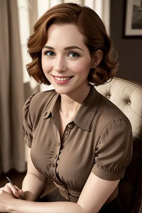 a medium closeup photo shot on a 1940s beacon camera, deniselastnamesd15, an english woman sitting in a chair wearing  a 1940s pencil skirt, unbuttoned sheer blouse, (smiling:1.3), worried, furrowed brow, (cleavage:1.2), (brown hair:1.3), looking directly at the camera