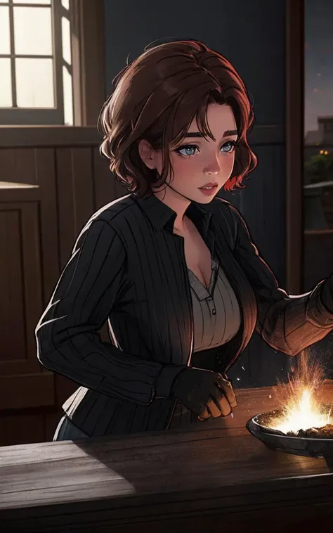 (perfect lighting:1.2),(dynamic photoshoot pose:1.2), (Layered Depth, Parallax Effect, Soft focus foreground,sharp 3d render:1.3),(high quality:1.4),(best quality:1.4),(masterpiece:1.4),official art,official wallpaper,surreal,(detailed landscape:1.1),(whimsical atmosphere:1.1),(powerful energy:1.1),vibrant colors,(detailed:1.05),(extremely detailed:1.06),sharp focus,(intricate:1.03),cinematic lighting,(extremely intricate:1.04),(adorned:1.09), (clothed, masterpiece, wide angle, cinematic establishing shot, young adult european woman, highly detailed background:1.2), volumetric lighting, subsurface scattering, dynamic pose, (special effects, color grading, fantasy aura), (deniselastnamesd15 Enchanted Blacksmith:1.4), (Cleavage, Large Covered breasts:0.81), Fiery forge, magical weapons, ember sparks, anvil chorus