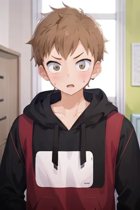 masterpiece, best quality, high quality, 1boy, solo, male focus, looking at viewer, upper body, <lora:shou_adachi:0.76>, shou_adachi, brown hair, , hoodie