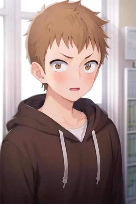 masterpiece, best quality, high quality, 1boy, solo, male focus, looking at viewer, upper body, <lora:shou_adachi:0.82>, shou_adachi, brown hair, realistic, hoodie