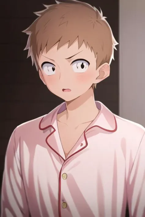 masterpiece, best quality, high quality, 1boy, solo, male focus, looking at viewer, upper body, <lora:shou_adachi:0.84>, shou_adachi, brown hair, realistic, pajamas
