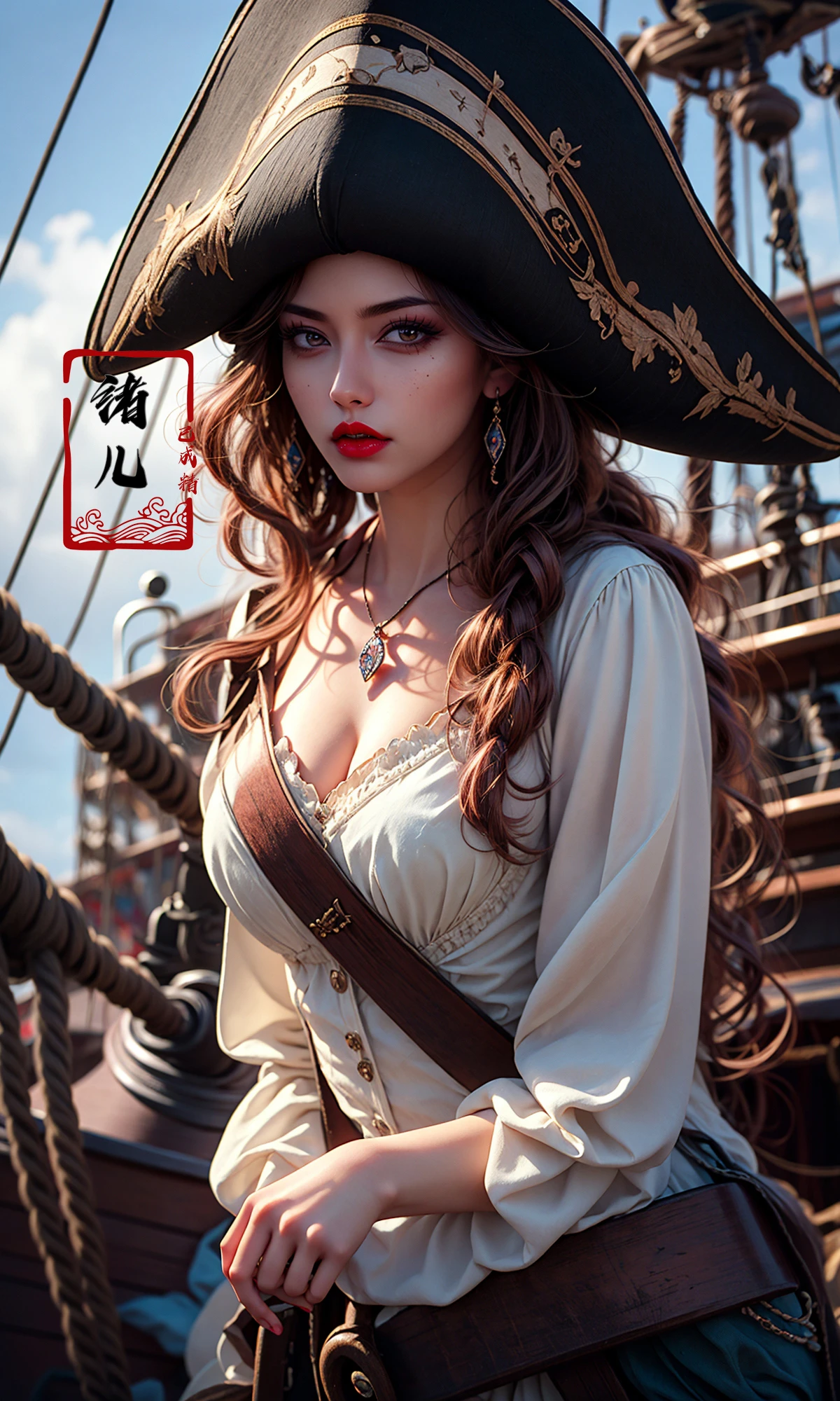 super vista, super wide AngleLow Angle shooting, super wide lens, Epic CG masterpiece, Girl dressed in pirate costume standing on the bow of the boat, sky, sun, sea, pirate ship, the cinematic style, Dream colors , Anna Dittmann,
Pirate (Mole under eye:0.8), Milky skin, (shiny skin:1.4) A mature facesideways glance, (cold attitude,eyeshadow,eyeliner:1.1),(red lips:1.5),watery eyes,
<lora:~Q?-`mwNPirate:0.8>