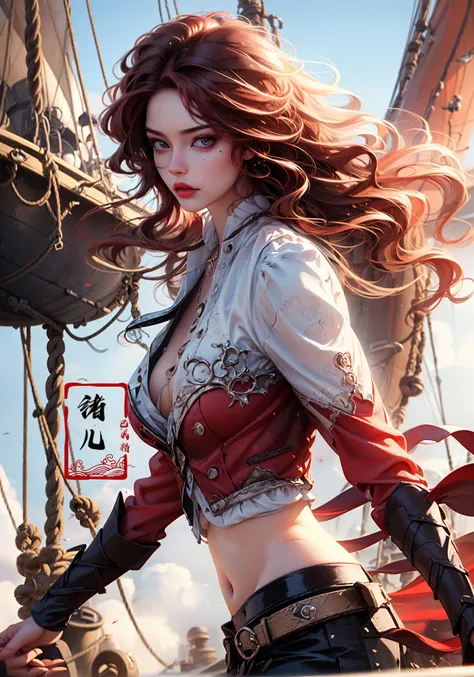 Epic CG masterpiece, hdr,dtm, full ha,8K, ultra detailed graphic tension, dynamic poses, stunning colors, 3D rendering, surrealism, cinematic lighting effects, realism, 00 renderer, super realistic, full - body photos, super vista, super wide Angle, HD
Pirate (Mole under eye:0.8), Milky skin, (shiny skin:1.4)(red hair:1.5)A mature facesideways glance, (cold attitude,eyeshadow,eyeliner:1.1),(red lips:1.3),watery eyes,
A shot with tension(sky glows red,Visual impact,giving the poster a dynamic and visually striking appearance:1.2),
<lora:~Q?-`mwNPirate:0.8>