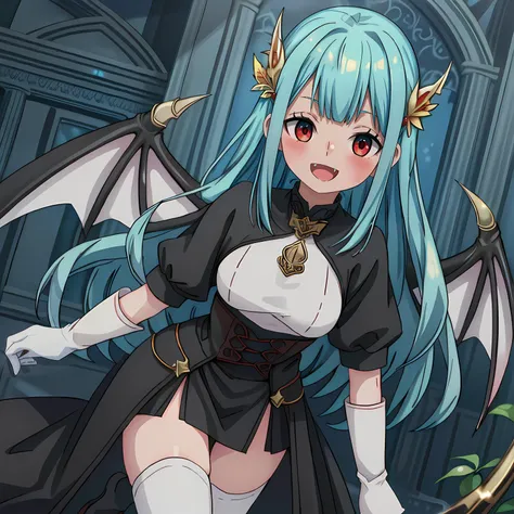 best quality, masterpiece, 8k, absurdres, highly detailed
<lora:ImASpider_Girlpack_v1:0.5>
<lora:VampiricTech-20:0.8>
,<lora:skin_fang2:0.5>
1girl, solo,
sue, suelecia analeit, vampire,
blue hair, very long hair, blunt bangs, hair between eyes, ((golden leaf shaped hair ornament)),
red eyes, blush, open mouth, smile, skin fang, fang, vampire fangs,
medium breasts, bat wings,
black robe, black dress, (white gloves)
white thighhighs,