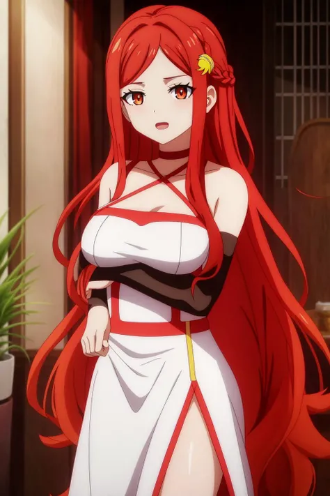 karnatia, anime, 1girl, solo, long_hair, breasts, looking_at_viewer, blush, open_mouth, bangs, hair_ornament, dress, bare_shoulders, very_long_hair, standing, braid, red_hair, detached_sleeves, indoors, orange_eyes, parted_bangs, crossed_arms, red_dress, pink_dress, bridal_gauntlets