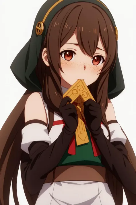 yaana, anime, 1girl, solo, long_hair, simple_background, brown_hair, hair_ornament, gloves, holding, brown_eyes, closed_mouth, upper_body, sidelocks, hairband, sweatdrop, freckles
