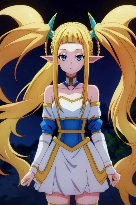 filimos, anime, 1girl, solo, long_hair, blue_eyes, blonde_hair, bare_shoulders, twintails, closed_mouth, upper_body, braid, sidelocks, detached_sleeves, pointy_ears, armor, elf, anime_coloring