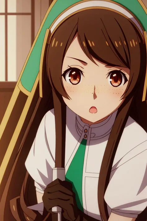 yaana, anime, 1girl, solo, long_hair, looking_at_viewer, open_mouth, brown_hair, gloves, twintails, brown_eyes, black_gloves, :o, freckles