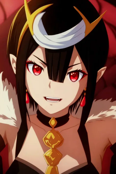ariel, anime, 1girl, solo, short_hair, black_hair, red_eyes, gloves, hair_between_eyes, bare_shoulders, jewelry, upper_body, multicolored_hair, lying, horns, pointy_ears, black_gloves, elbow_gloves, fur_trim, on_side, head_rest