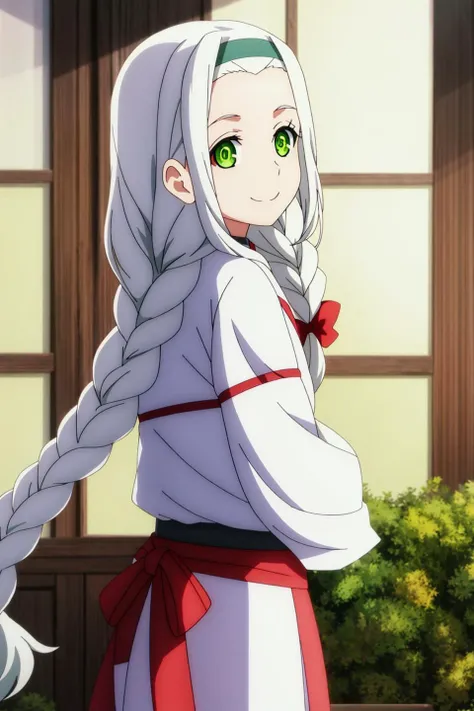 yurin, anime, 1girl, solo, long_hair, looking_at_viewer, smile, long_sleeves, closed_mouth, green_eyes, braid, white_hair, hairband, single_braid
