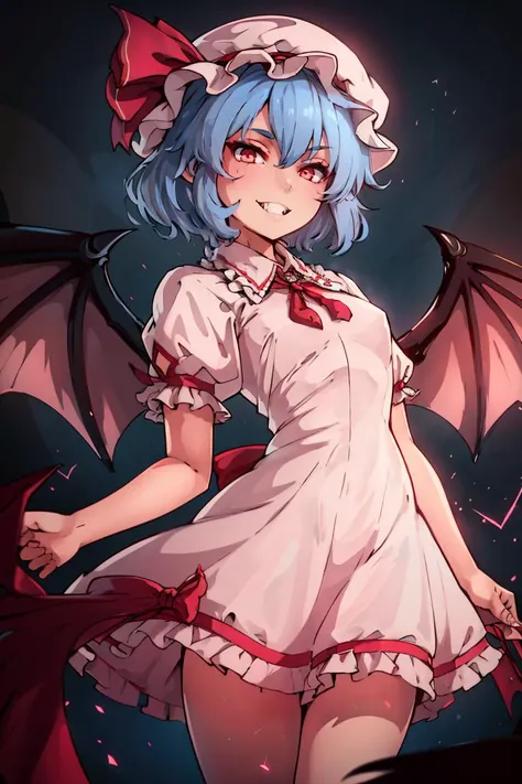 ((masterpiece,best quality)), absurdres, <lora:Remilia_Scarlet_Touhou:0.8>, Remilia_Scarlet_Touhou, 1girl, solo, red eyes, blue hair, short hair, vampire, wings, bat wings, wings, fang, fangs, mob cap, pink dress,   solo, smiling, looking at viewer, from below, cowboy shot,