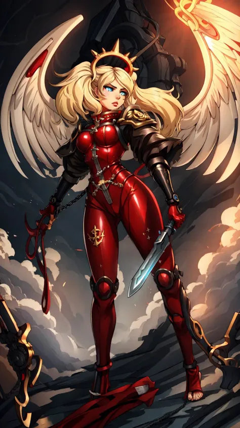 <lora:Persona5AnnTakamaki:0.8> Persona5AnnTakamaki, 1girl, blonde hair, twintails, blue eyes, red latex bodysuit,  BREAK, <lora:Adepta Sororitas, the Daughters of the Emperor - 40K:0.5> ADEPTA SORORITAS, (MECHANICAL WINGS:1.15), <lora:Saint Celestine, The Living Saint - 40K:0.35> iron halo, wings, sword, chain, barefoot, BREAK, <lora:UnlimitedBladeWorks1.6:0.6> holding weapon, (whip, holding whip),, masterpiece, best quality, extremely detailed, highly quality, 4k, sharp focus, professional, sharp focus, award winning, cinematic lighting, octane render, unreal engine, volumetrics dtx, Wallpaper,