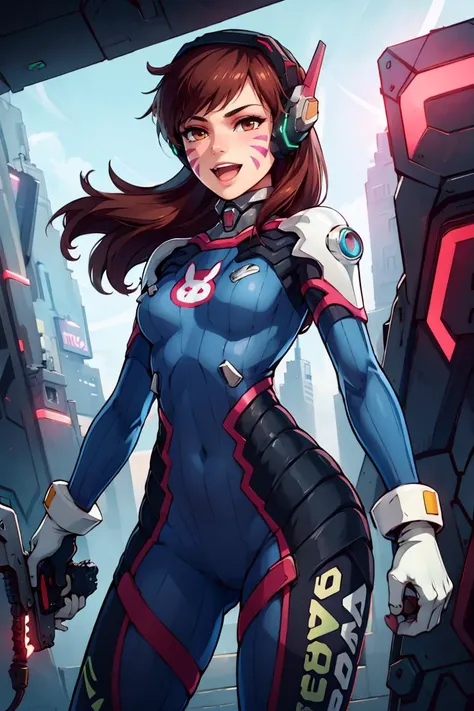 masterpiece, best quality, highres, aahana, long hair, brown hair, headphones, whisker markings, shoulder pads, blue bodysuit, ribbed bodysuit, animal print, clothes writing, long sleeves, white gloves, <lora:d.va_v1:0.8>, cowboy shot, standing, holding weapon, handgun, smile, open mouth, cyberpunk,