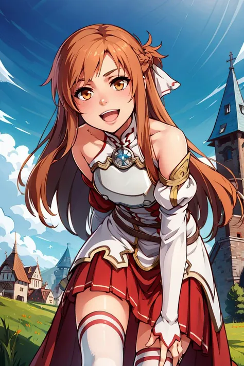 ((masterpiece,best quality)), aaasuna, long hair, brown hair, braid, brown eyes, bare shoulders, armor, breastplate, white sleeves, detached sleeves, red skirt, pleated skirt, white thighhighs, <lora:asuna_(sao)_v1:0.7>, waving, smile, leaning forward, open mouth, town, fantasy,