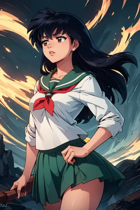 ((masterpiece,best quality)), <lora:Kizuki - Inuyasha - Higurashi Kagome:0.8>, higurashi kagome, black hair, brown eyes, long hair, medium breasts, serafuku, sailor collar, green pleated skirt, cowboy shot