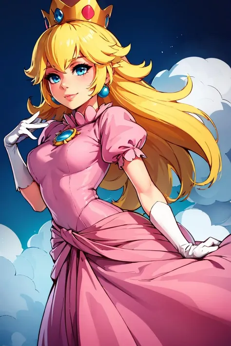 (masterpiece, best quality), 1girl,    <lora:princesspeach-lora-nochekaiser:1> princess peach, blonde hair, blue eyes, smile, long hair, crown, dress, gem, gloves, pink dress, puffy short sleeves, puffy sleeves, short sleeves, white gloves,