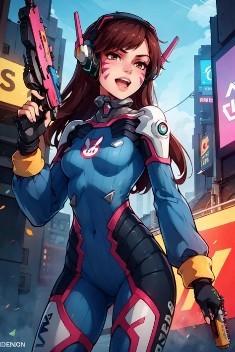 masterpiece, best quality, highres, aahana, long hair, brown hair, headphones, whisker markings, shoulder pads, blue bodysuit, ribbed bodysuit, animal print, clothes writing, long sleeves, white gloves, <lora:d.va_v1:0.8>, cowboy shot, standing, holding weapon, handgun, smile, open mouth, cyberpunk,