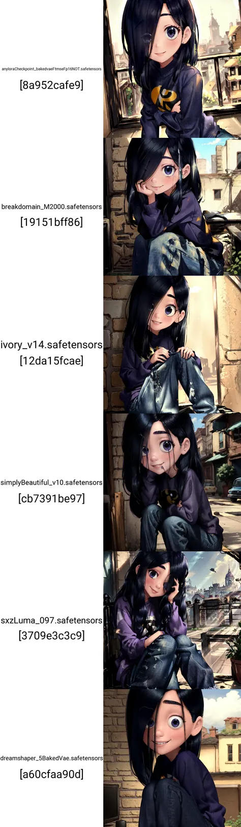 masterpiece,best quality, pixar, 1girl, solo, VioletParr <lora:VioletParr:0.9>, purple sweatshirt, jeans, hair over one eye, looking at viewer, long black hair, smile, shy
