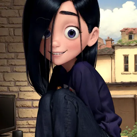 masterpiece,best quality, pixar, 1girl, solo, VioletParr <lora:VioletParr:0.9>, purple sweatshirt, jeans, hair over one eye, looking at viewer, long black hair, smile, shy