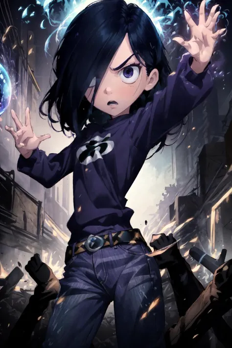 masterpiece,best quality, pixar, 1girl, solo, VioletParr <lora:VioletParr:0.9>, purple sweatshirt, jeans, hair over one eye, looking at viewer, long black hair, serious, outstretched arms, forcefield, purple energy, glowing hands,  action scene, dynamic pose, light swirling, energy blast, (glowing purple bubble)