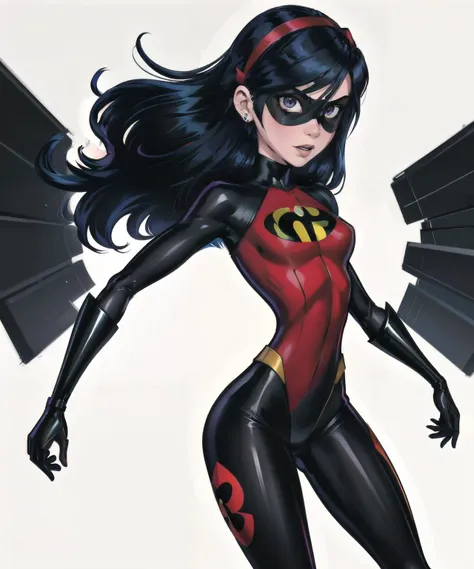 original-art, lineart, inked, 1girl, <lora:GoodHands-vanilla:0.7>, VioletParr, long black hair, bodysuit, superhero, headband, mask, <lora:VioletParr:0.8>