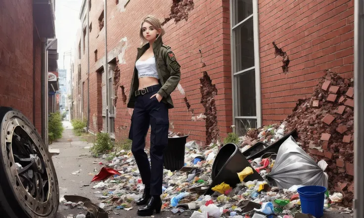 solo girl, photo (masterpiece:1.1),(priceless work of art:1.1),(ultrarealistic:1.2), (cute:1.1) pale, beautiful girl, gorgeous female, solo focus, (Ashley Benson), silver hair, (medium breasts:1.1),(detailed body:1.0)detailed face,(detailed eyes:0.8)(heterochromia),pointy elf ears, ((freckles:0.9)), (naughty smile:0.7), (focus:1.1), professional photograph, anime aesthetic, inked lines, tattoos, fingerless gloves, crop top, cargo pants, military long jacket, belts, mechanical parts, crumbling wall, brick wall, alleyway, trash