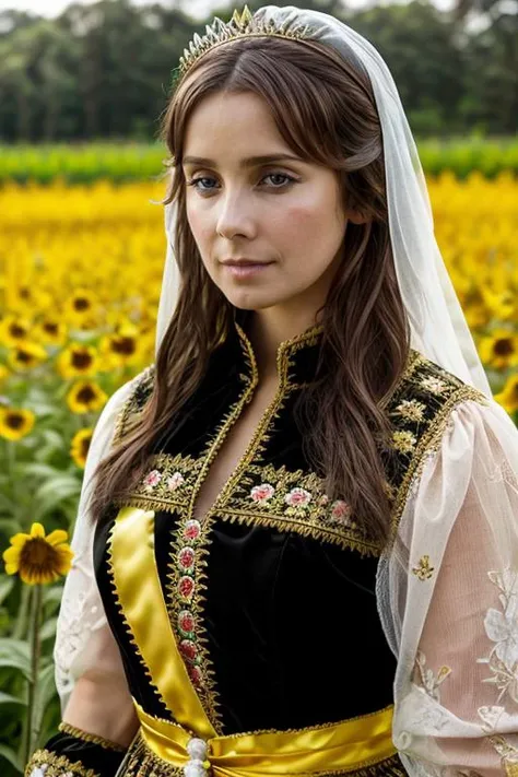 king costume , flower field , evening <lora:Louise_Redknapp:1> mature l1873r, 1girl, solo, masterpiece, best quality, detailed face,
