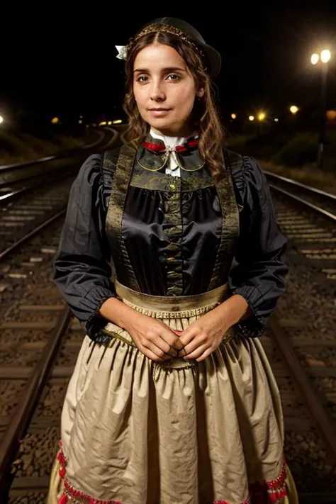 peasant costume , railroad crossing , evening <lora:Louise_Redknapp:1> mature l1873r, 1girl, solo, masterpiece, best quality, detailed face,