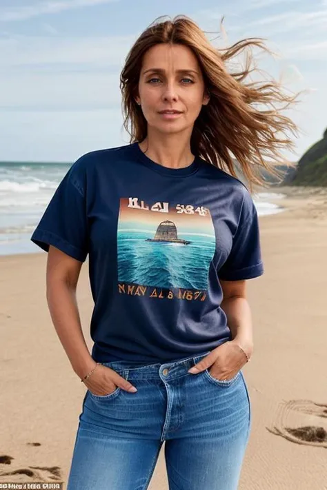 singing, beach, jeans, tshirt <lora:Louise_Redknapp:1> 40 year old, mature, l1873r, 1girl, solo, masterpiece, best quality, detailed face,