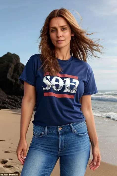 singing, beach, jeans, tshirt <lora:Louise_Redknapp:1> 40 year old, mature, l1873r, 1girl, solo, masterpiece, best quality, detailed face,