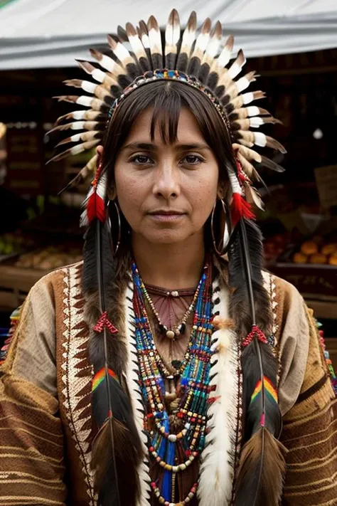 native american costume, market stall <lora:Louise_Redknapp:1> mature l1873r, 1girl, solo, masterpiece, best quality, detailed face,