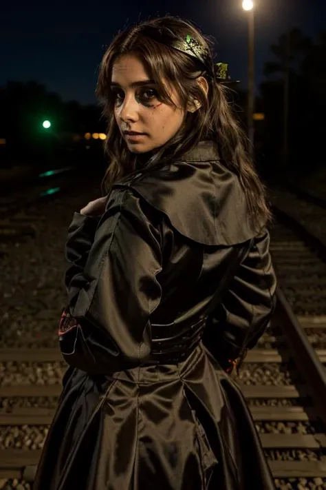 day of the dead costume , railroad crossing , dusk <lora:Louise_Redknapp:1> mature l1873r, 1girl, solo, masterpiece, best quality, detailed face,