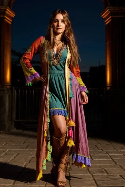hippie costume , clock tower , evening <lora:Louise_Redknapp:1> mature l1873r, 1girl, solo, masterpiece, best quality, detailed face,