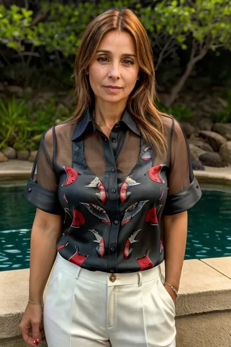 brown eyes<lora:Louise_Redknapp:1> 40 year old woman, l1873r, 1girl, solo, masterpiece, best quality, detailed face, aquarium, Watermelon blouse, sharks