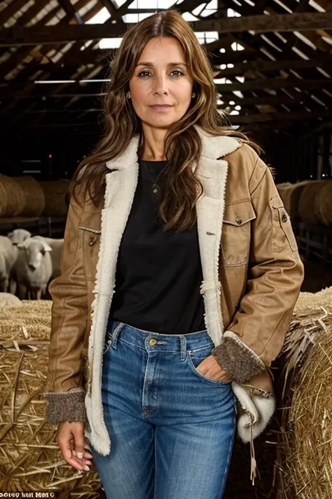brown eyes<lora:Louise_Redknapp:1> 40 year old woman, l1873r, 1girl, solo, masterpiece, best quality, detailed face, Farm, barn, bales of hay, sheep