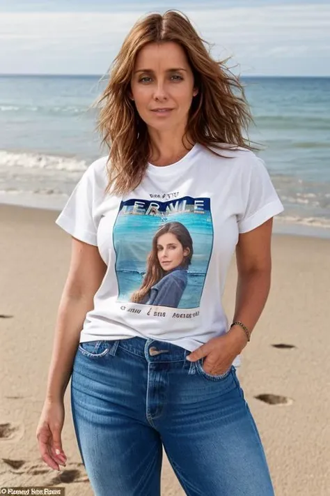 singing, beach, jeans, tshirt <lora:Louise_Redknapp:1> 40 year old, mature, l1873r, 1girl, solo, masterpiece, best quality, detailed face,