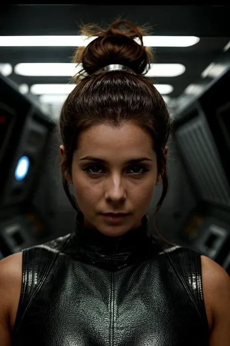 convict costume , space station , day <lora:Louise_Redknapp:1> mature l1873r, 1girl, solo, masterpiece, best quality, detailed face,