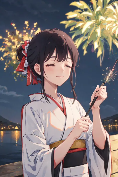 best quality,highly,detailed,masterpiece,ultra-detailed,illustration,upper body,
qiaoling,light smile,closed eyes,kimono,holding fireworks, night,river,(hair up),
<lora:LinkClick-QiaoLing:0.6>