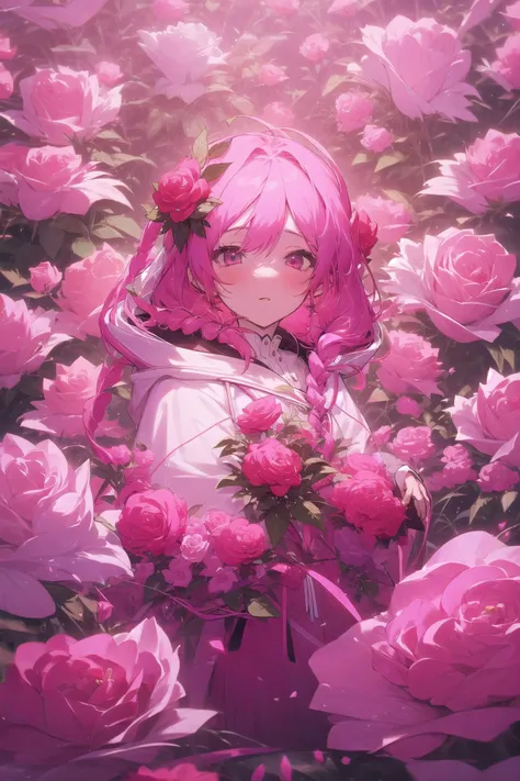 kahuka1, 1girl, flower, virtual youtuber, solo, braid, rose, hood, twin braids, red flower, pink hair, hood down, pink flower, long hair, pink rose, red rose, ribbon, long sleeves <lora:kahuka-pynoise:1>