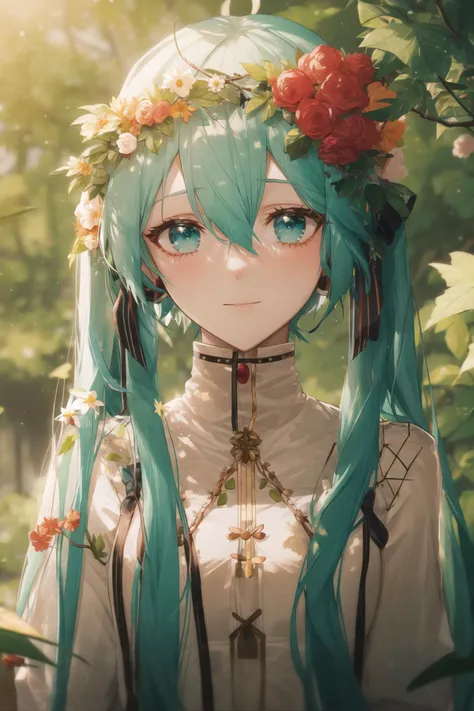 kahuka1, 1girl, solo, flower, long hair, red flower, looking at viewer, hair flower, hatsune miku, hair ornament, branch, blurry, upper body, hair between eyes, leaf, aqua hair, rose, aqua eyes, bangs, head wreath
<lora:kahuka-pynoise:1>