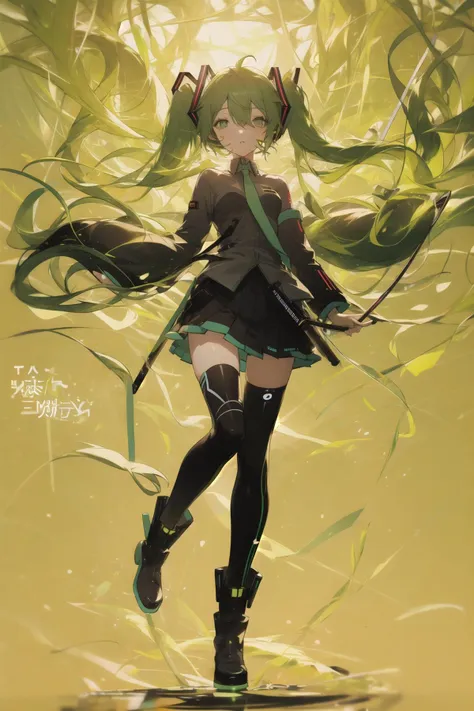 kahuka1, 1girl, solo, green eyes, long hair, twintails, thighhighs, green theme, glowing, hatsune miku, looking at viewer, bandages, hair between eyes, full body, green hair, very long hair, boots, long sleeves, black thighhighs, bangs, standing, floating hair
 <lora:kahuka-pynoise:1>