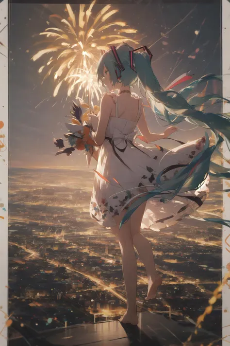 kahuka1, 1girl, fireworks, long hair, hatsune miku, solo, twintails, dress, barefoot, from behind, white dress, very long hair, night, aerial fireworks, cityscape, outdoors, city
<lora:kahuka-pynoise:1>