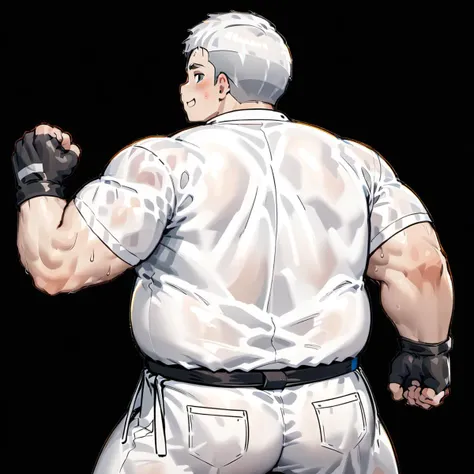 fingerless gloves, male focus, short sleeves, muscular male, clenched hands, fat, two-tone hair, pectorals, 2boys, blush, smile, from behind, abs, martial arts belt, large pectorals, wet clothes, white hair, white shirt, thick thighs, solo