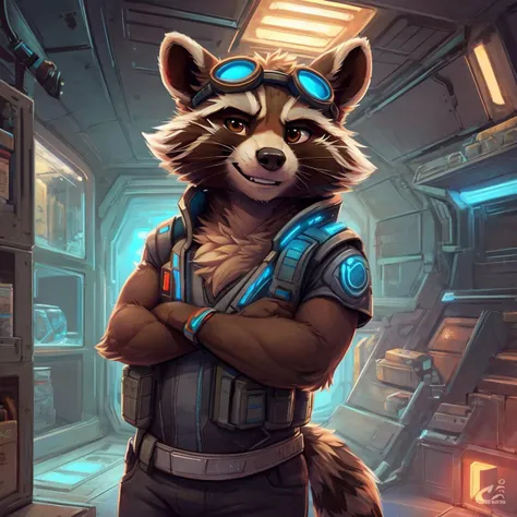 Uploaded by E621, ultra-high detailed, absurd res, RAW photo, (by thesecretcaves, by canson, by tcw), by oreocakes, by garnetto,(sharp focus:1),(rocket raccoon:1.3), furry, (fluffy fur), (neck tuft), (standing in a futuristic sci-fi space station storage room:1.2) (futuristic sci-fi metal storage crates in background), (flat color), flat color, beautiful pristine space station walls, beautiful sci-fi floor, beautiful cel shading, brown eyes (perfect masterpiece 4k 8k), detailed background, cinematic, detailed eyes, detailed irises, male focus,(handsome face:1.4), (wearing cyberpunk sci-fi goggles and sci-fi black pants:1.3), (shirtless), (brown eyes:1.5), male focus, (detailed eyes), (detailed irises), (solo:1.3), ((perfect anatomy:1)), ((looking at viewer:1.5)), (smug grin), smug smile, view to viewer, (three quarter view:1.3), <lora:rocketraccoon:0.8>