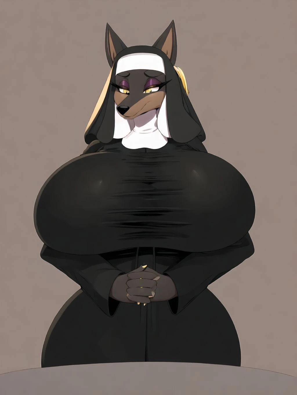 A feminine black jackal with large breasts posing seductively in a wedding chappel at the alter while presenting their feminine body in a wedding dress with a white bikini and their large penis poking out the side of their underwear, bulge, buldge, penis poking out, huge bulge, penis shaped bulge, big penis, genital focus, Masterpiece, highly detailed image, highly detailed genitalia, 4k, 4k resolution, black penis+, penis base, big testicles, by Truegrave9, by Virtyalfobo, by Chunie, by Clockhands, thick theighs+, inviting, inviting viewer, solo, long tail, fluffy tail, looking pleasured+, looking at viewer, feminine, plain background+, seductive, bubblebutt, big butt, abs, thin waist, presenting, black skin+, ebony skin+, smug, breasts, tits, long flowing black hair, 