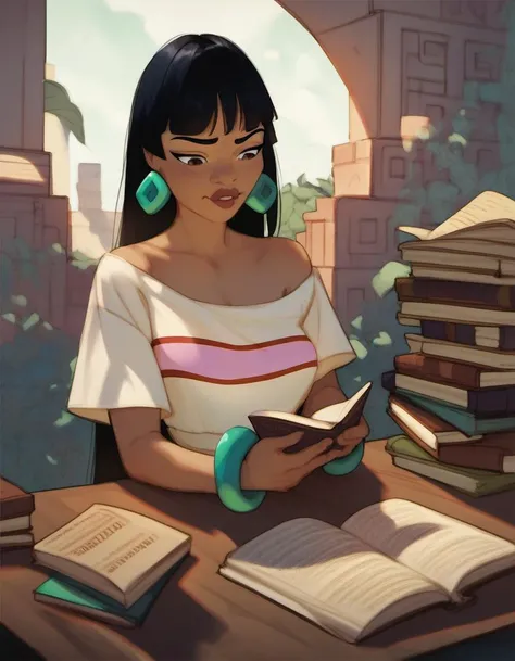 source_cartoon, rating_safe, by Diathorn , chel from road to el dorado, sitting behind a desk, reading a book, score_9, score_8_up, score_7_up, score_6_up, score_5_up, score_4_up