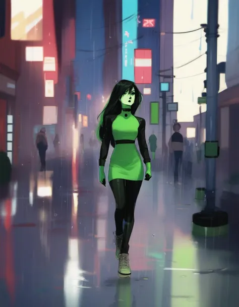 source_cartoon, rating_safe, <lora:Diathorn_SDXL_Pony:1> by Diathorn , Shego, walking on a city street, heavy rain, score_9, score_8_up, score_7_up, score_6_up, score_5_up, score_4_up