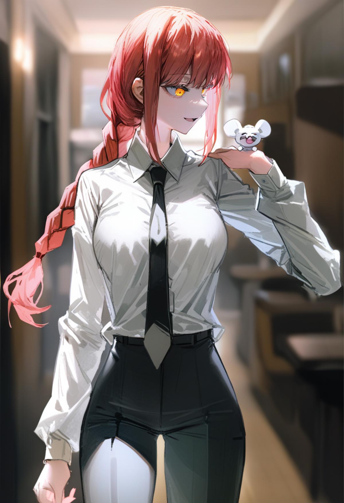 Anime girl with red hair and a tie holding a bird - SeaArt AI